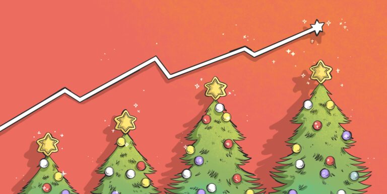 Illustration of a Christmas tree with trading charts