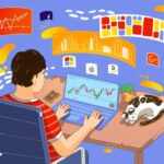 A stock trader with a cat on the table