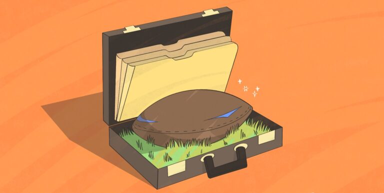 An illustration depicting a football inside a briefcase, symbolizing the intersection of rugby and the business world.