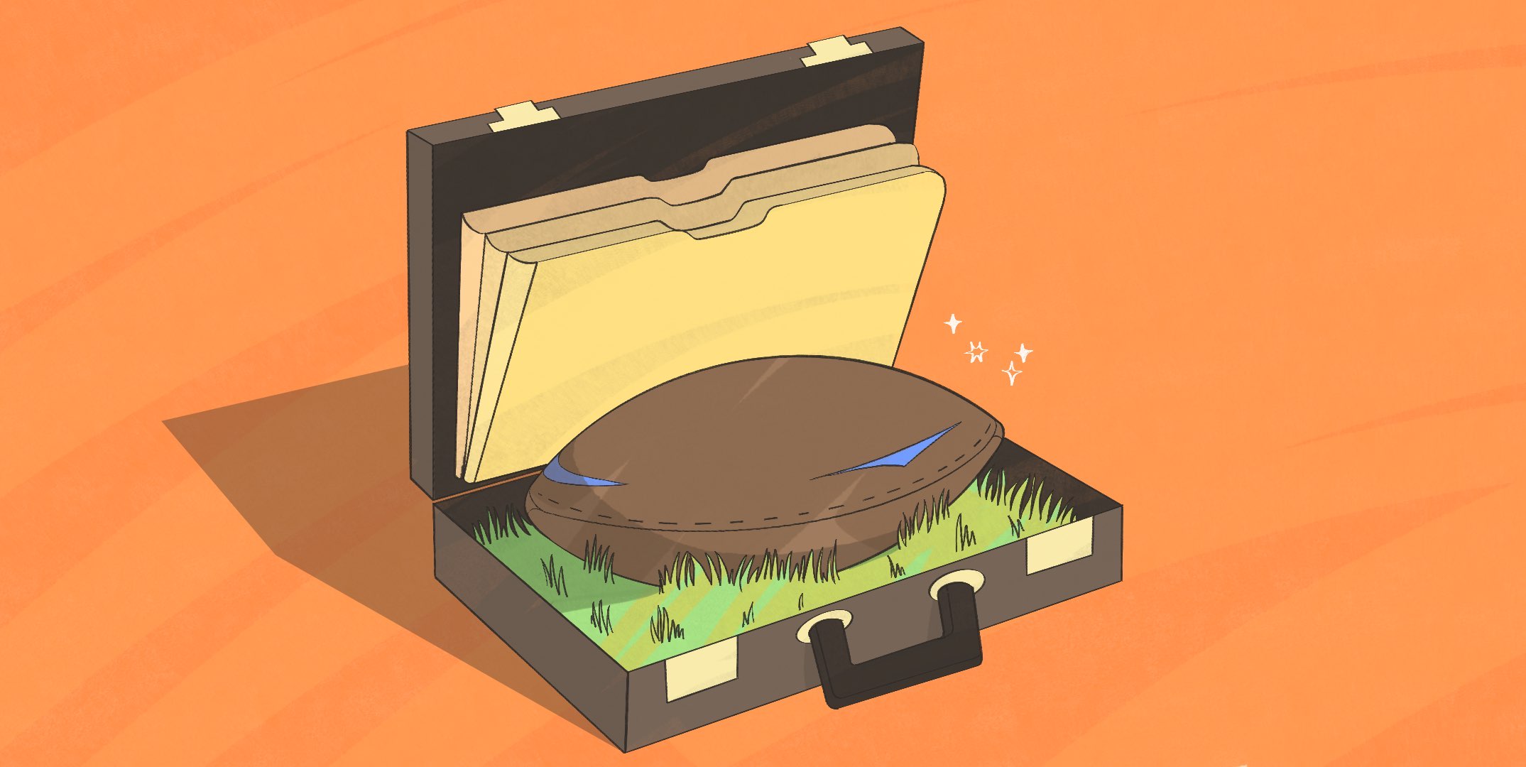 An illustration depicting a football inside a briefcase, symbolizing the intersection of rugby and the business world.