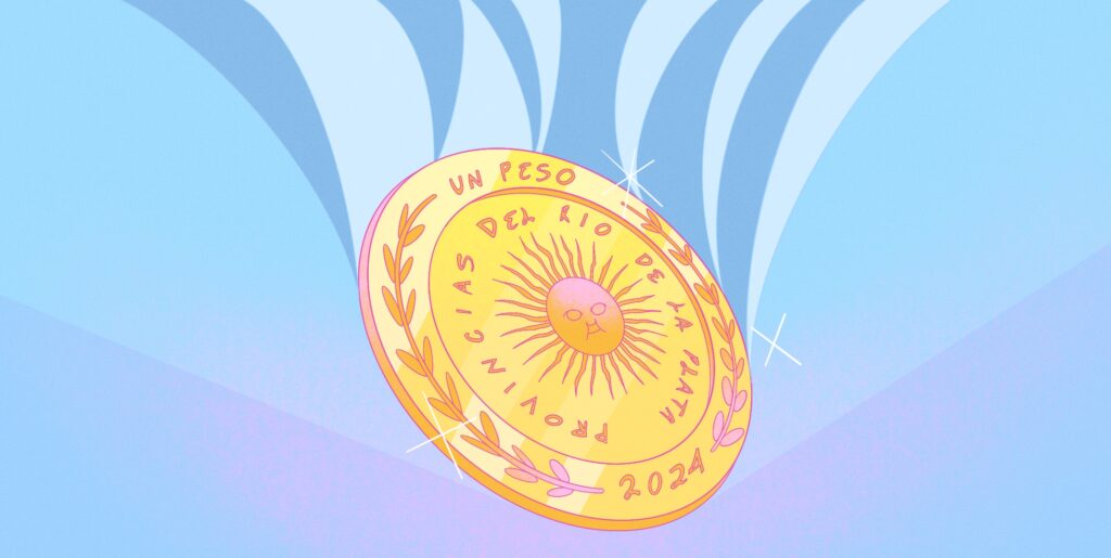A whimsical illustration of a gold coin flying, representing the effects of currency depreciation on investment choices.