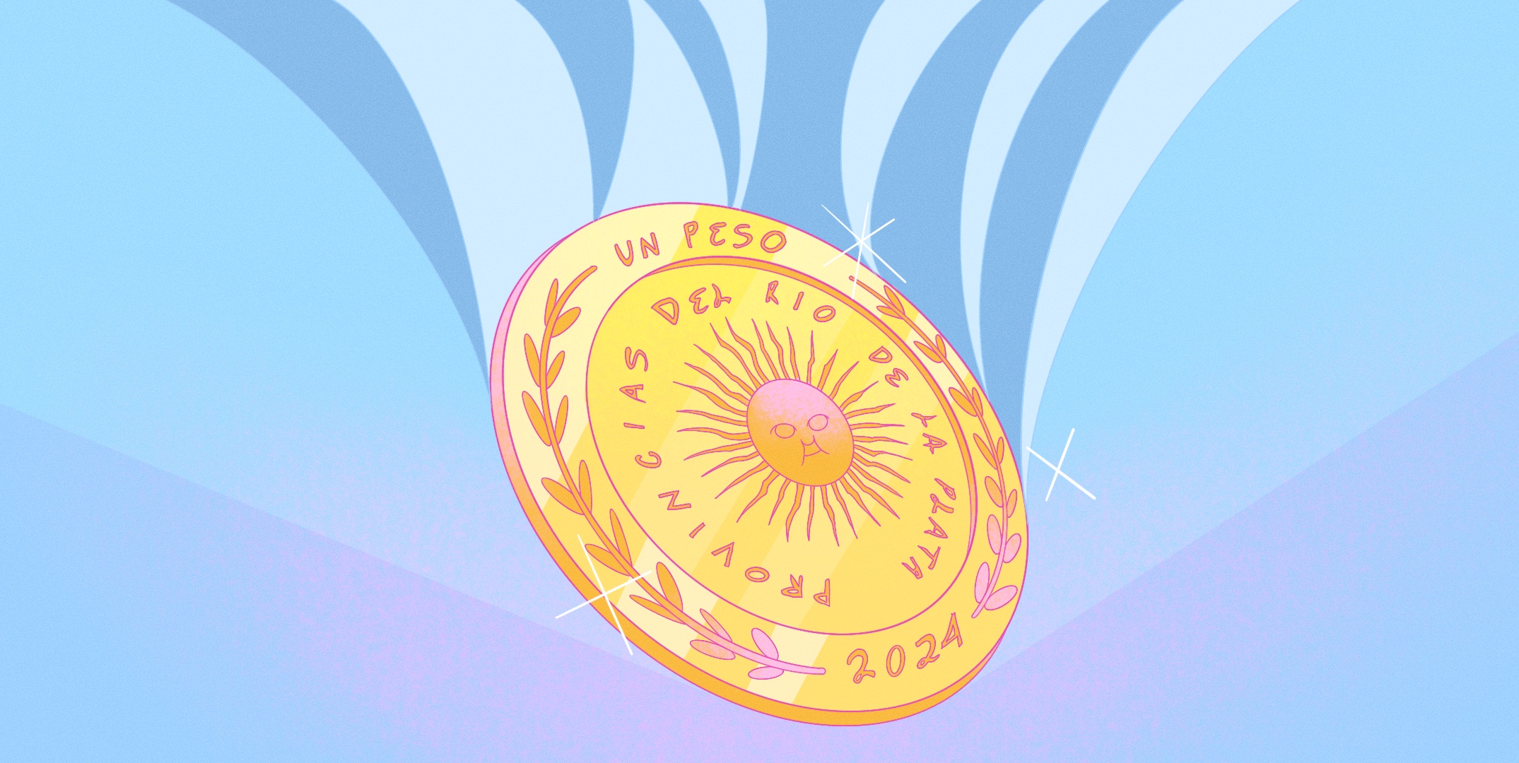 A whimsical illustration of a gold coin flying, representing the effects of currency depreciation on investment choices.