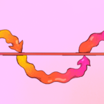 A drawing depicting two lines interconnected by a pink and yellow line, symbolizing business cycles and their dynamics.