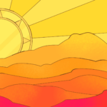 A cartoon sun shines brightly over a mountain range, symbolizing optimism in Mexico's economic growth and nearshoring opportunities.