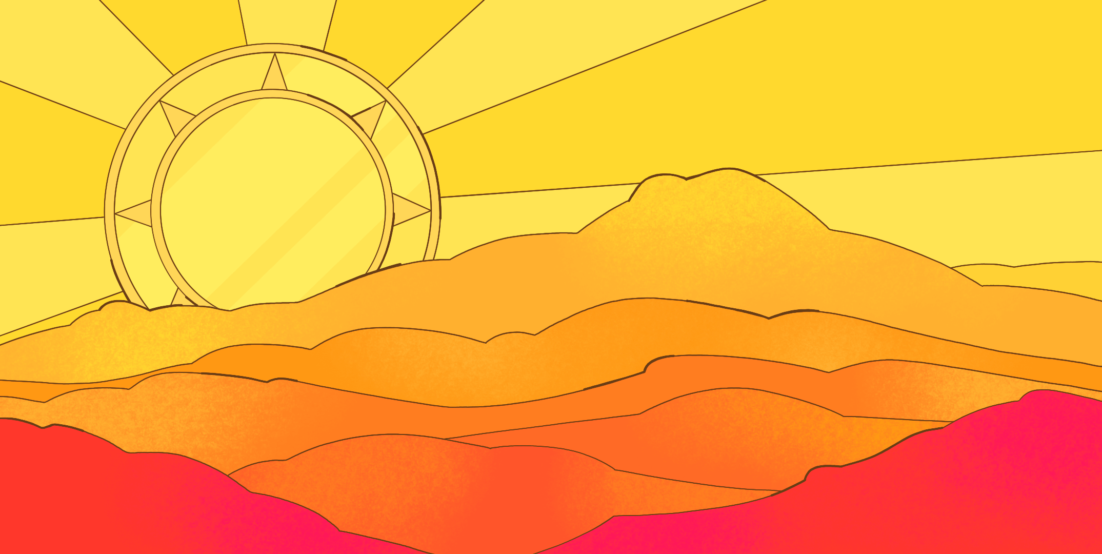 A cartoon sun shines brightly over a mountain range, symbolizing optimism in Mexico's economic growth and nearshoring opportunities.