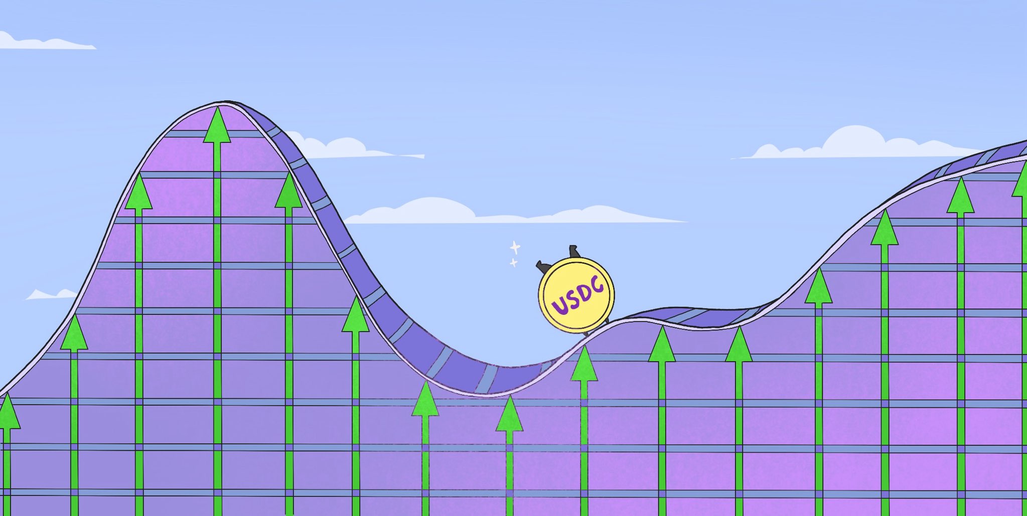 A USDC cartoon character joyfully rides a roller coaster, arms raised high, with a backdrop of colorful amusement park scenery.