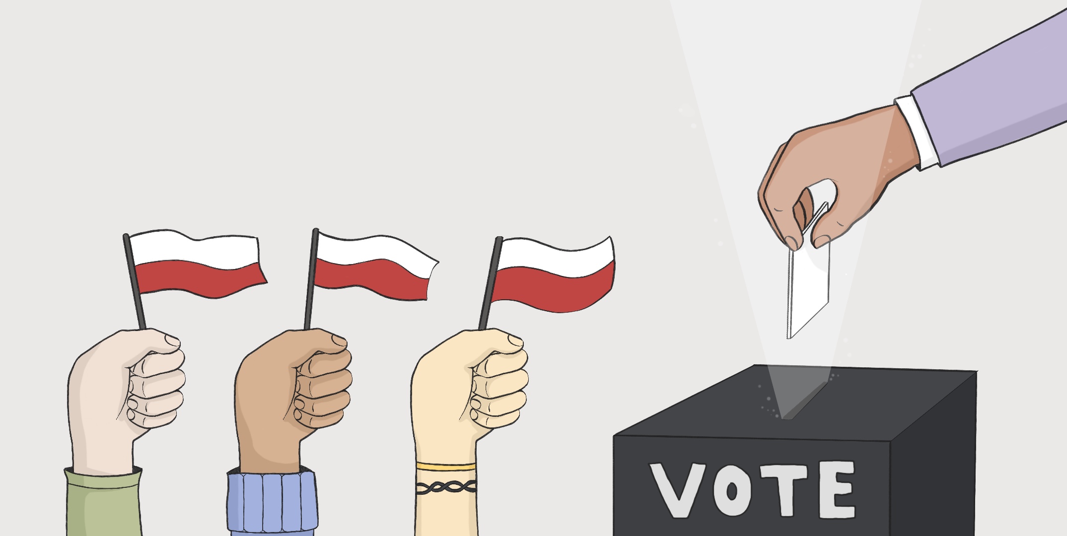 A hand placing a ballot into a voting box adorned with flags, symbolizing civic engagement and democratic participation.