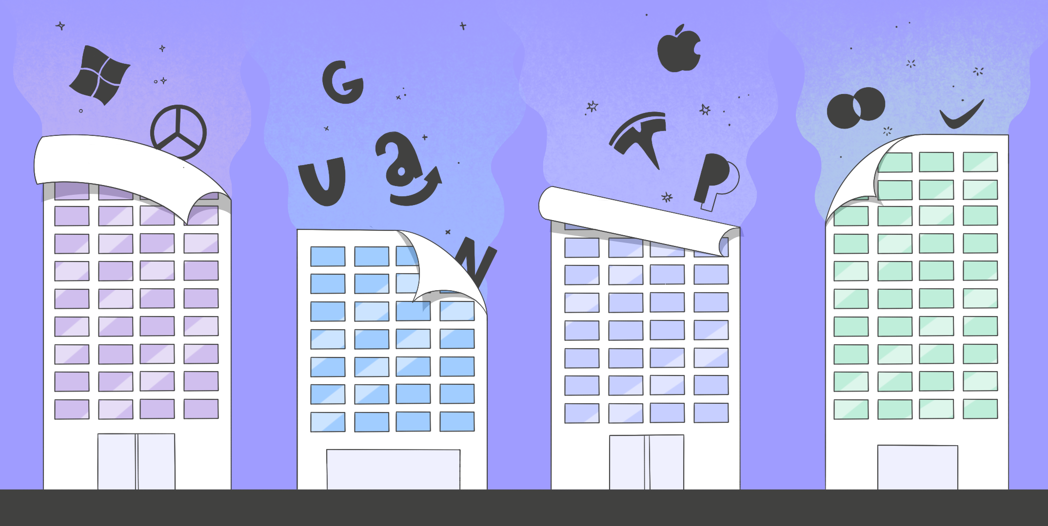 Illustration of a building adorned with stock markets companies and elements, showcasing a vibrant and eclectic design.