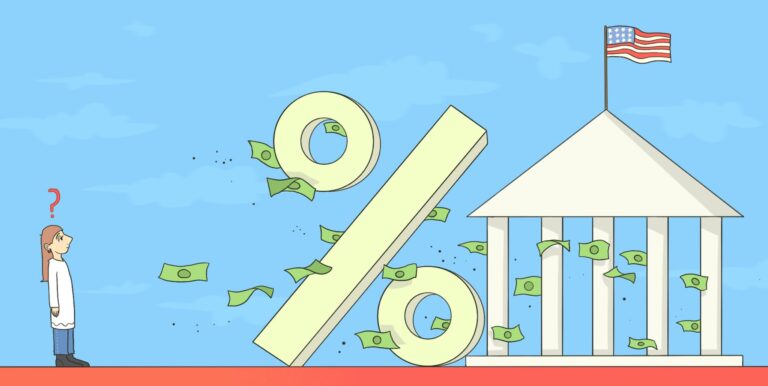 Cartoon of a woman in front of a building featuring a prominent percentage sign, symbolizing finance or statistics.