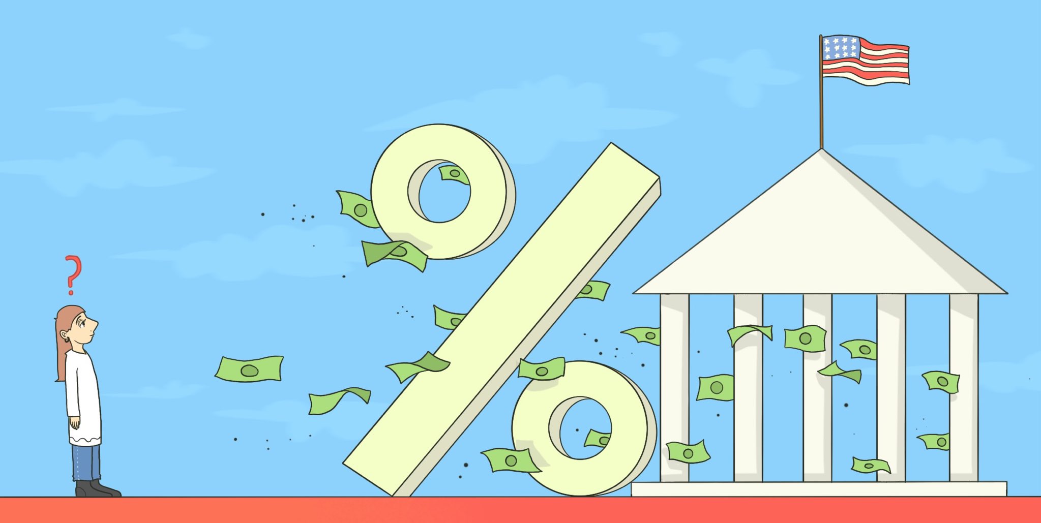 Cartoon of a woman in front of a building featuring a prominent percentage sign, symbolizing finance or statistics.