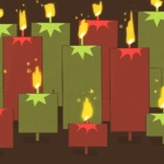 A collection of Christmas candles resembling trading candlesticks, featuring vibrant green and red flames.