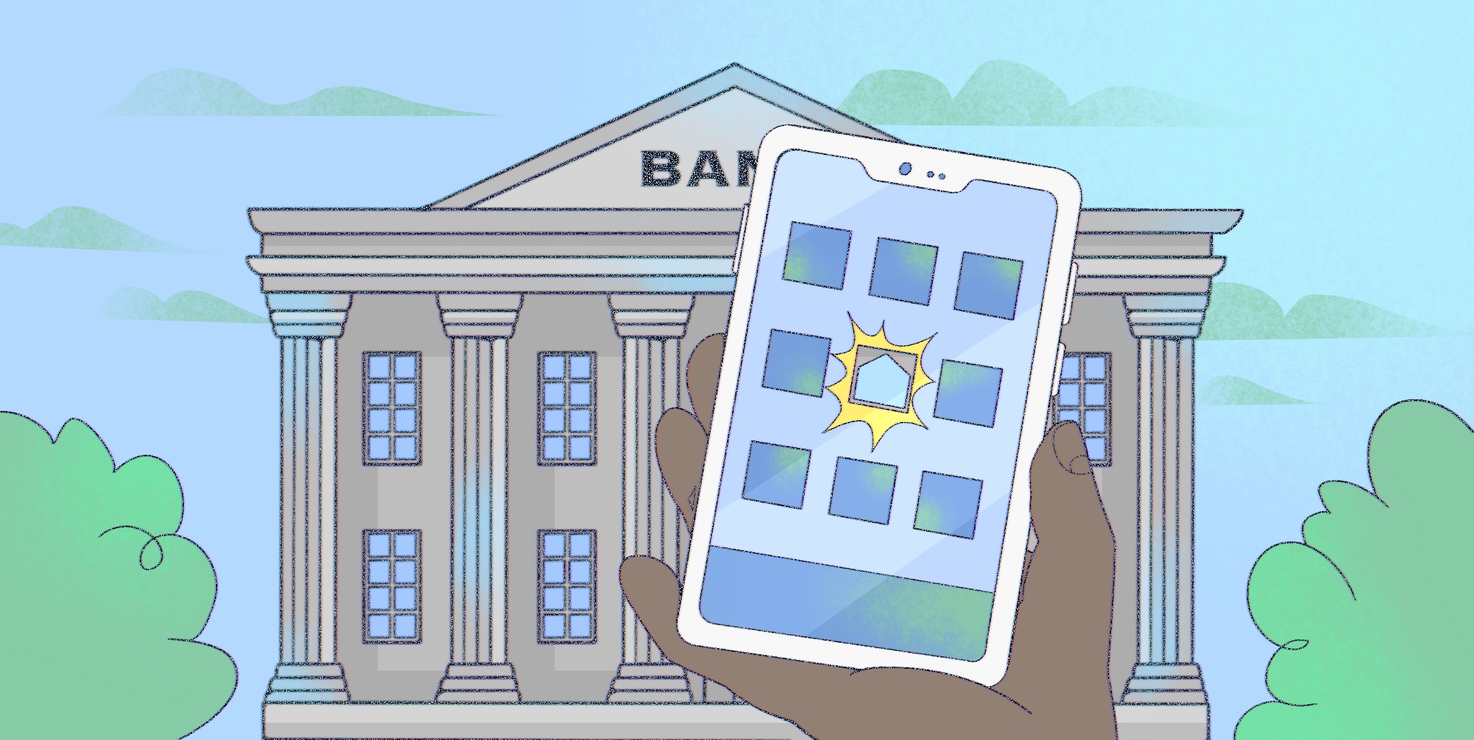 Illustration of a mobile app interface for bill payments, highlighting fintech's impact on traditional banking models.