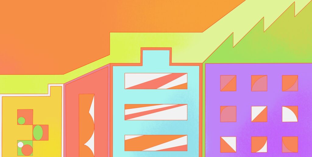 City in colors with trading charts at the background.