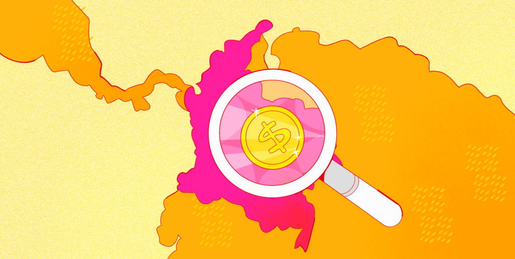 Map of Colombia in pink and orange with a magnifying glass focusing on a gold coin, representing MSCI COLCAP.