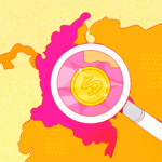 Map of Colombia in pink and orange with a magnifying glass focusing on a gold coin, representing MSCI COLCAP.