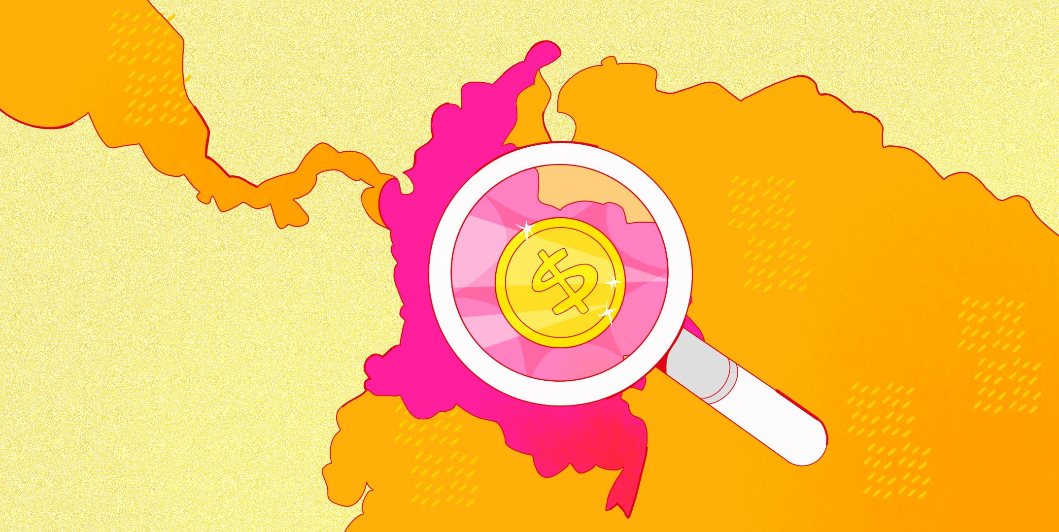 Map of Colombia in pink and orange with a magnifying glass focusing on a gold coin, representing MSCI COLCAP.