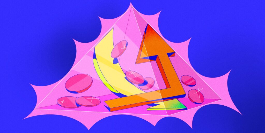 A vibrant pink and orange arrow pointing upward, accompanied by a matching pink and orange star, symbolizing growth and success.