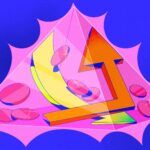 A vibrant pink and orange arrow pointing upward, accompanied by a matching pink and orange star, symbolizing growth and success.