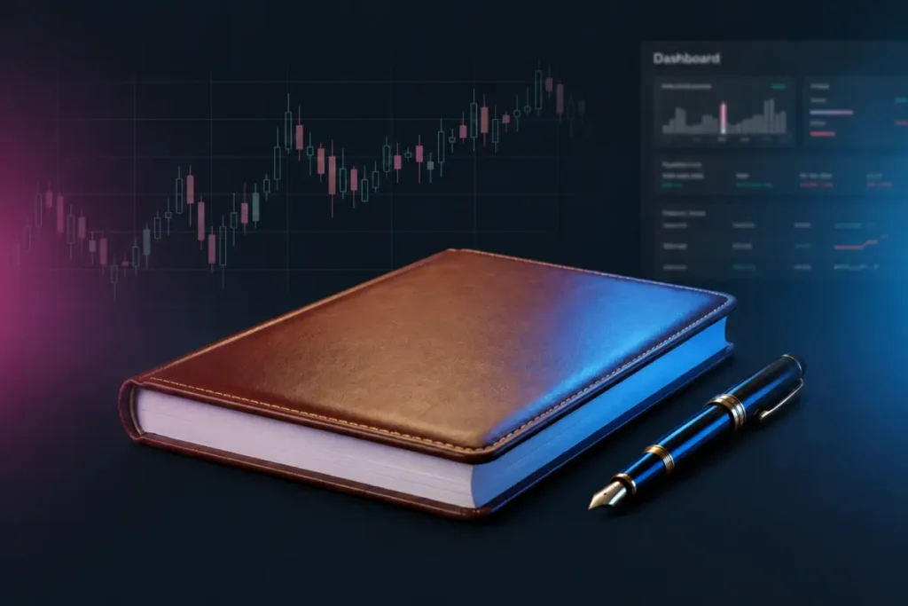 Conceito de avaliações de plataformas de trading com gráficos de mercado, painel analítico e ferramentas de pesquisa utilizadas para avaliar plataformas de trading eletrônico em 2026.