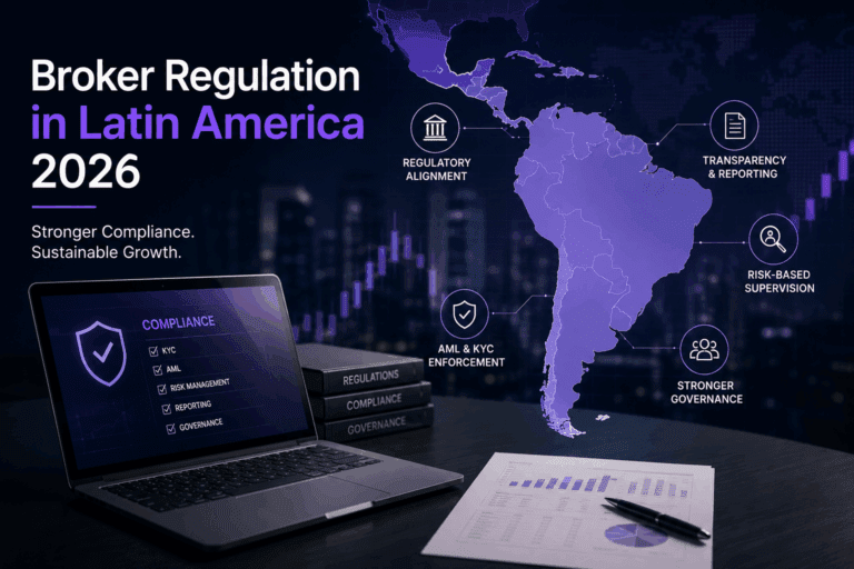 Illustration of broker regulation in Latin America 2026 showing compliance, AML, KYC, governance, and regulatory oversight across the LATAM region.
