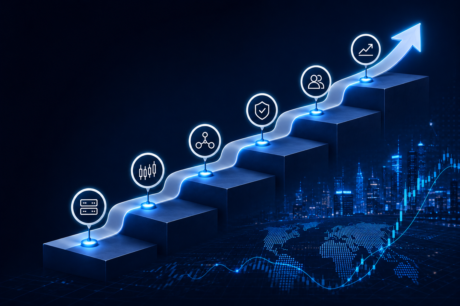 Hoja de ruta de tecnología para brokers multiactivo que ilustra las etapas del crecimiento de un broker, desde una infraestructura inicial hasta operaciones de trading multiactivo escalables.